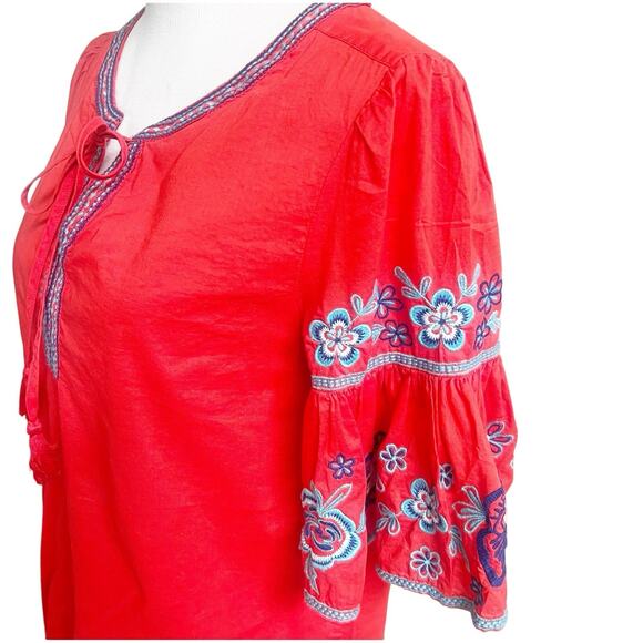 Beach Lunch Lounge Embroidered Bell Sleeve Blouse Size Small Tie Neck Coral Boho - Picture 3 of 10